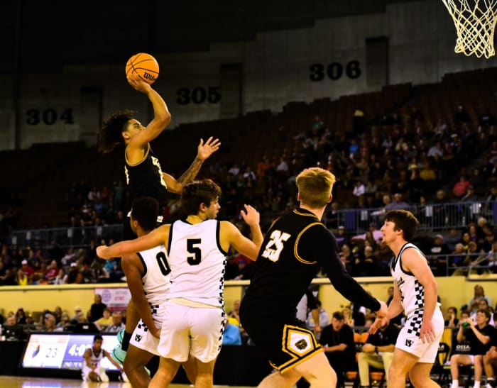 Caddo senior guard DJ Dill releases a shot during the Bruins' Class A semifinal win against Seiling on March 1, 2024.
